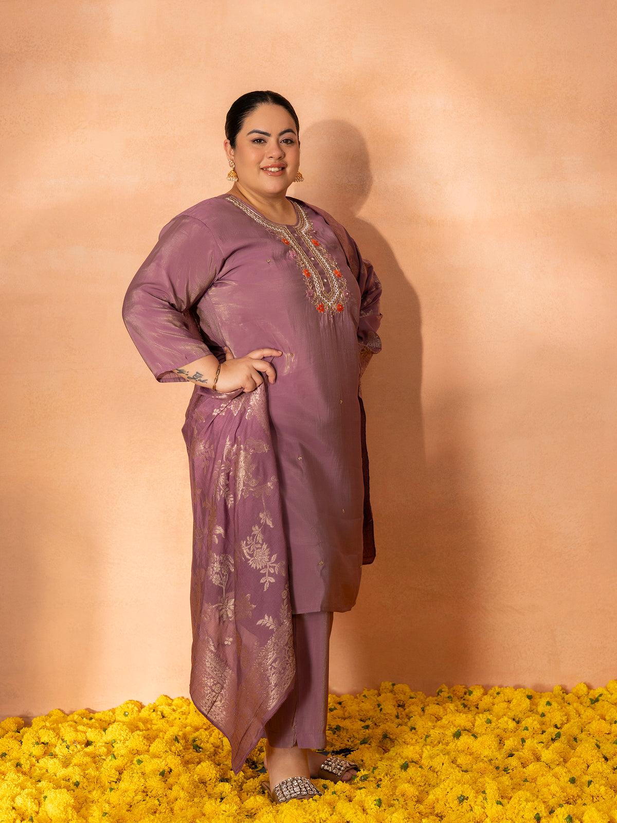 TITTLI Plus Size Women Handwork Embroidered U-Neck Roman Shimmer Silk Kurta Set with Jacquard Banarasi Print Dupatta (Purple)