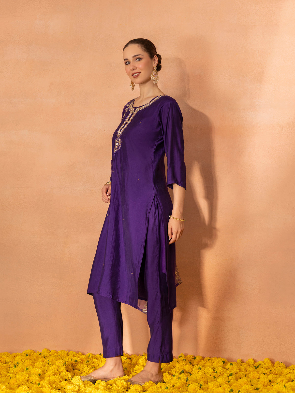 TITTLI Women Handwork Embroidered U-Neck Roman Silk Kurta Set with Georgette Cutwork Dupatta (Violet)