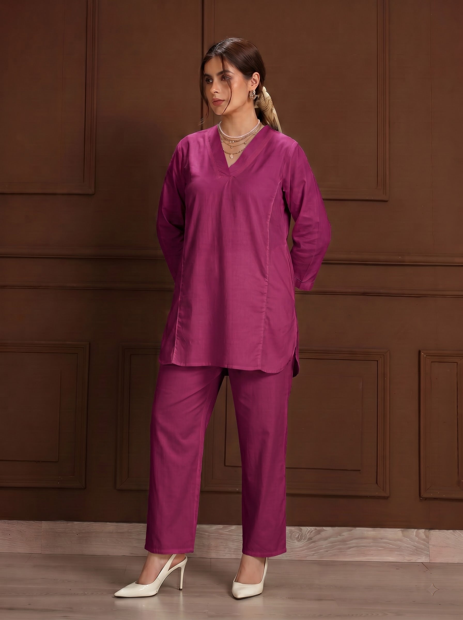 TITTLI Women Cotton Silk V-Neck Tunic & Trousers Co-Ord Set (Wine)