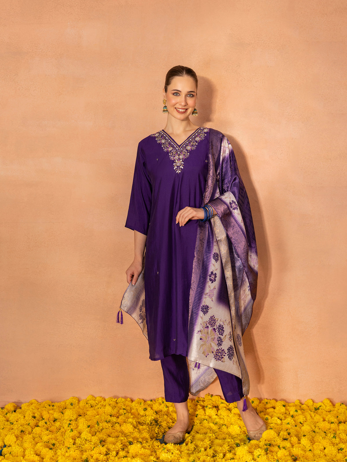 TITTLI Women Handwork Embroidered V-Neck Roman Silk Kurta Set with Jacquard Digital Printed Dupatta (Violet)