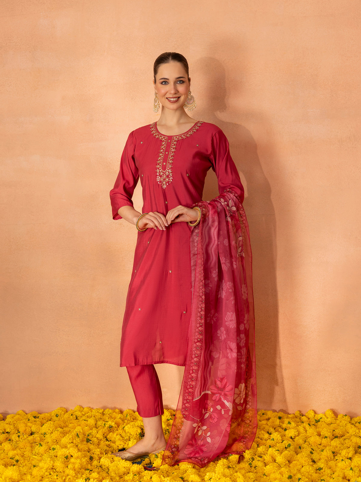 TITTLI Women Handwork Embroidered U-Neck Roman Silk Kurta Set with Digital Print Dupatta(Rose Pink)