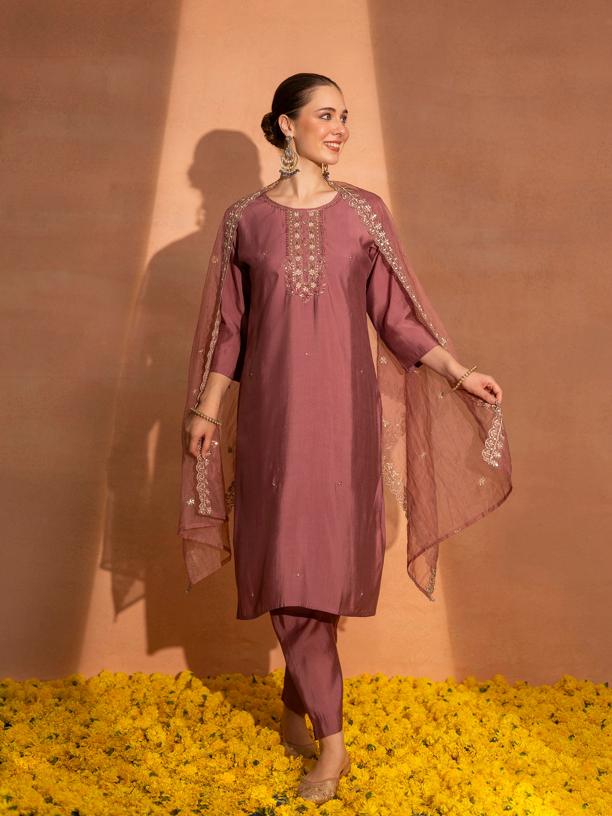TITTLI Women Handwork Embroidered Round Neck Roman Silk Kurta Set with Cut-Work Dupatta (Gajjar)