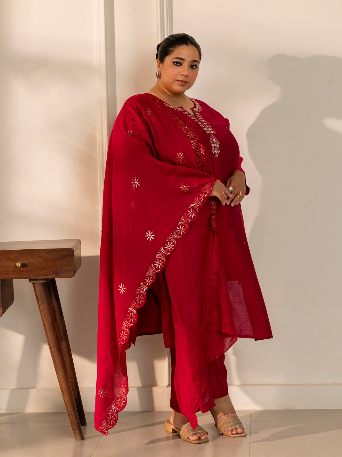 TITTLI Plus Size Women Handwork Embroidered Round Neck with V Roman Silk Kurta Set with Cut-Work Dupatta (C. Red)