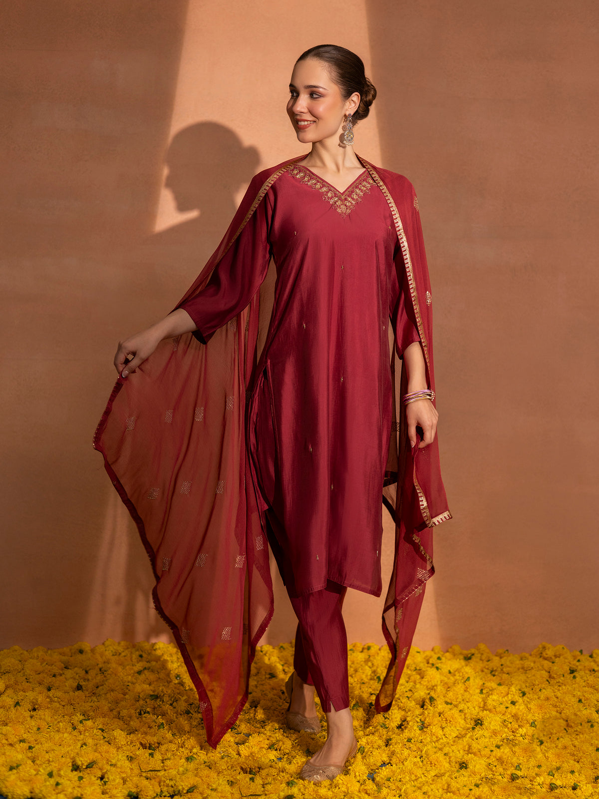 TITTLI Women Handwork Embroidered V-Neck Roman Silk Kurta Set with Georgette Cutwork Dupatta (C. Red)