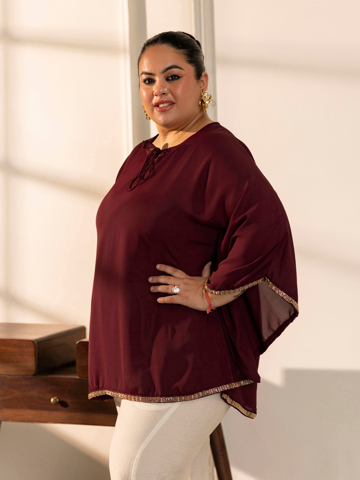 TITTLI Women Plus Size Georgette Solid Kaftan Style Short Top(D.Wine)