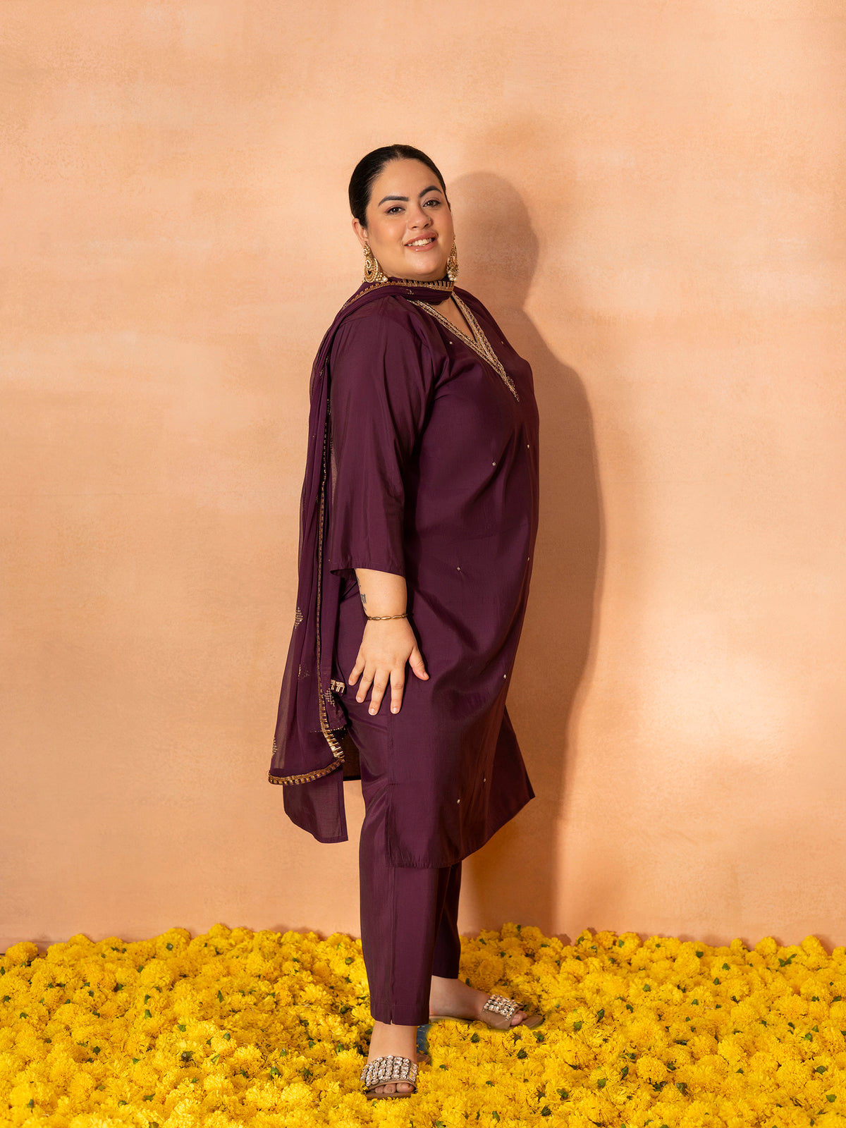 TITTLI Plus Size Women Handwork Embroidered V-Neck Roman Silk Kurta Set with Georgette Cutwork Dupatta (Wine)