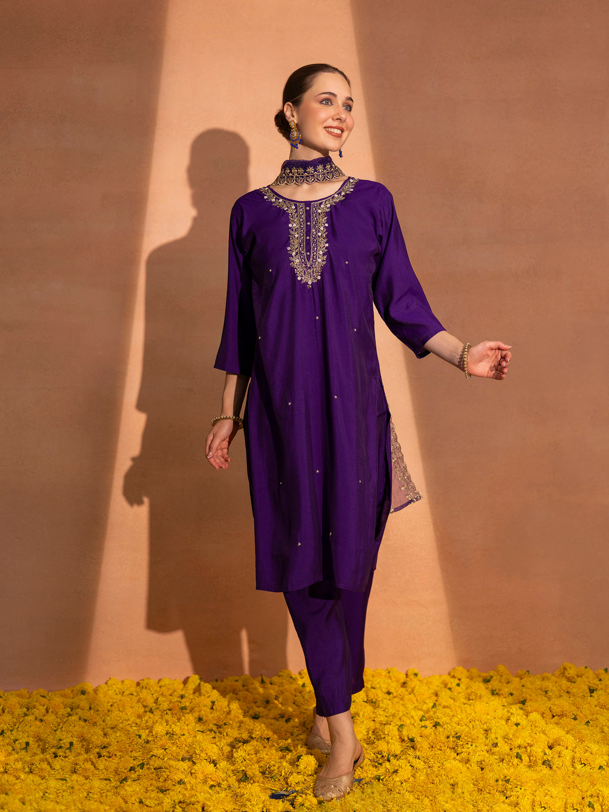 TITTLI Women Handwork Embroidered U Neck Roman Silk Kurta Set with Georgette Cutwork Dupatta (Violet)