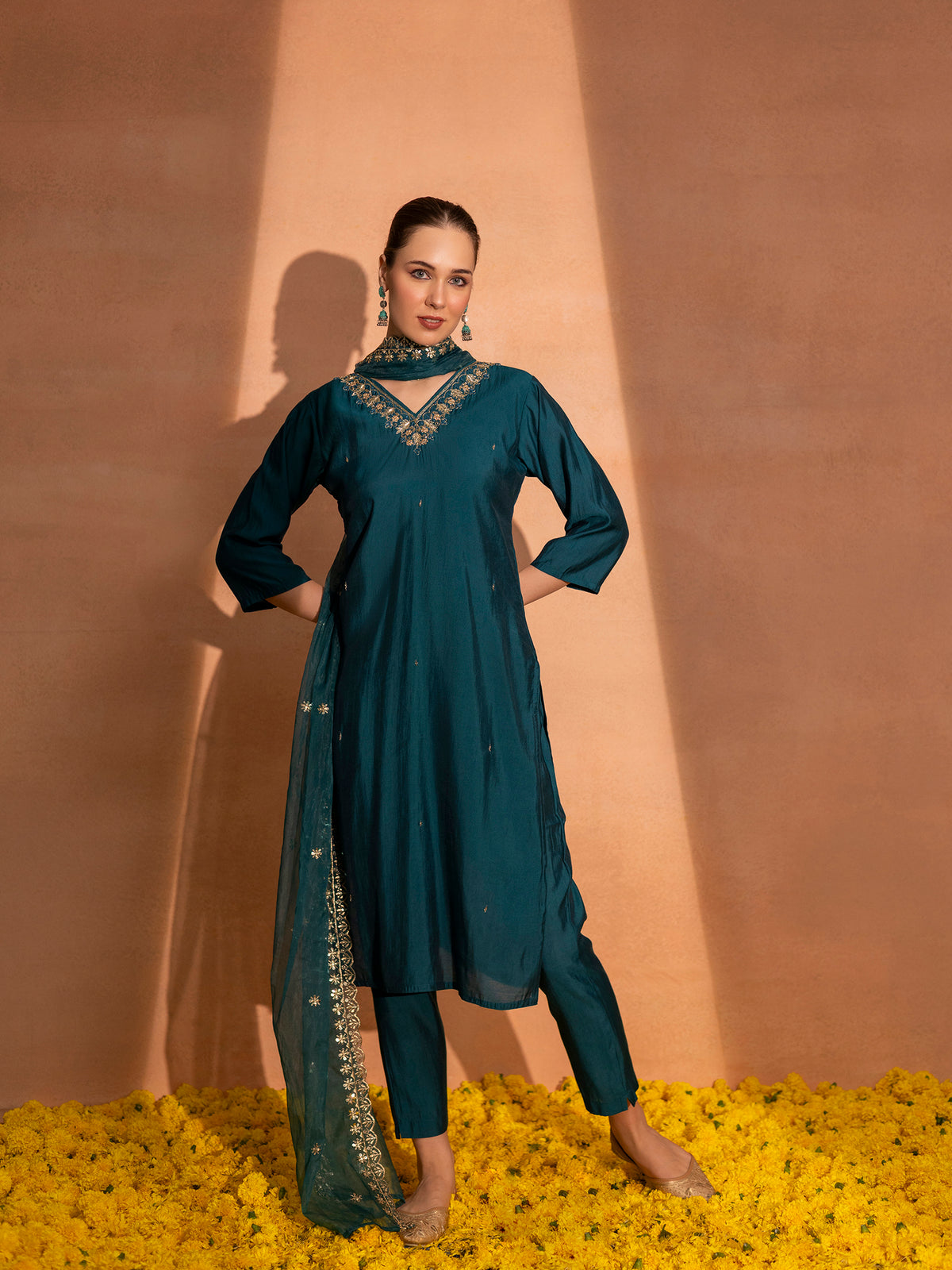 TITTLI Women Handwork Embroidered V-Neck Roman Silk Kurta Set with Georgette Cutwork Dupatta (Rama)