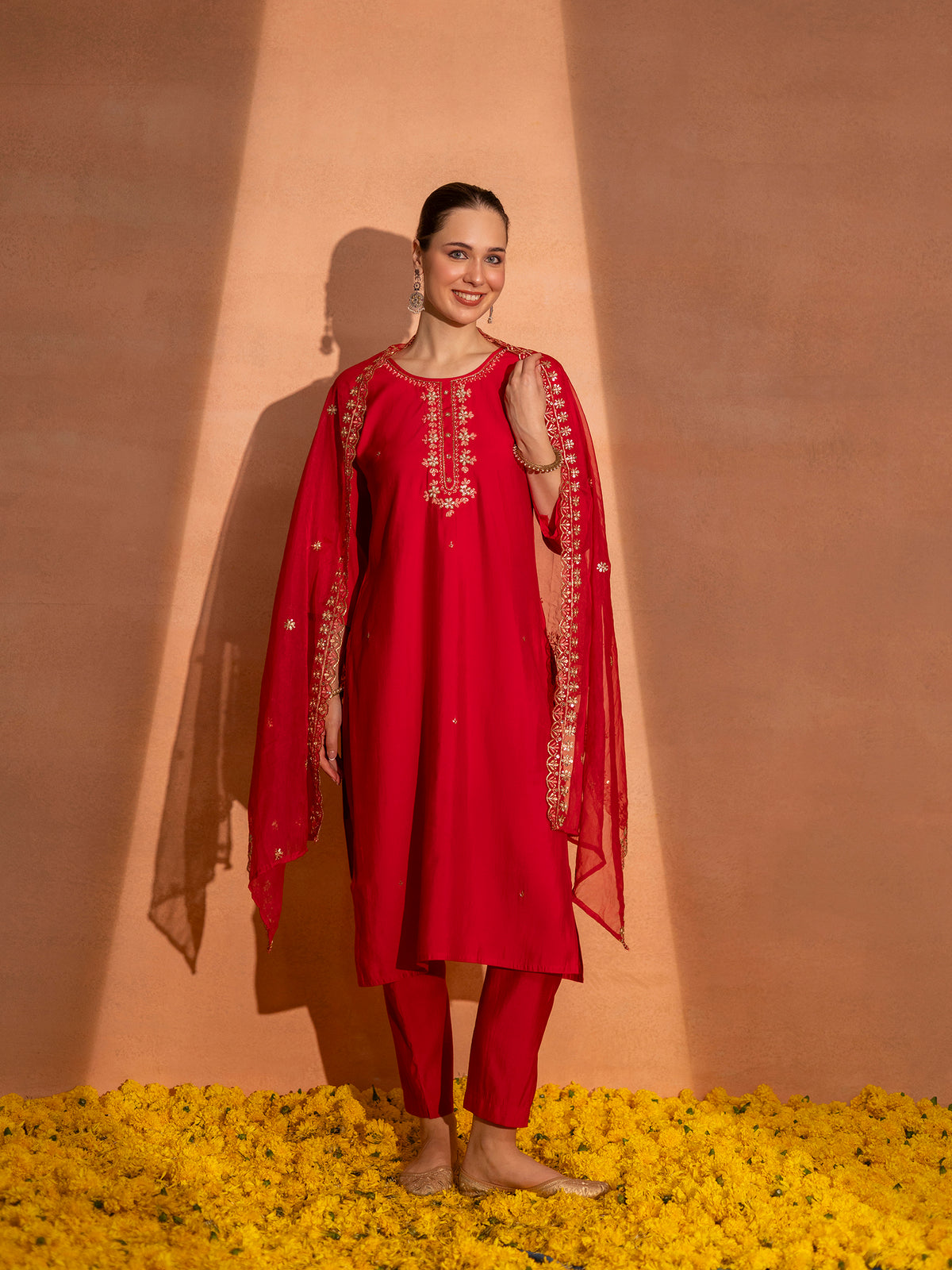 TITTLI Women Handwork Embroidered U-Neck Roman Silk Kurta Set with Georgette Cutwork Dupatta (Red)