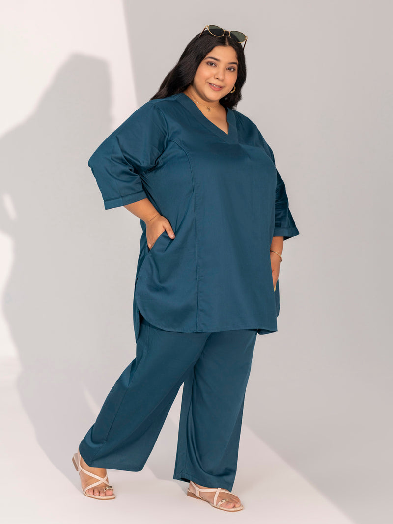 TITTLI Women Cotton Silk V-Neck Tunic & Trousers Plus Size Co-Ord Set (Airforce)