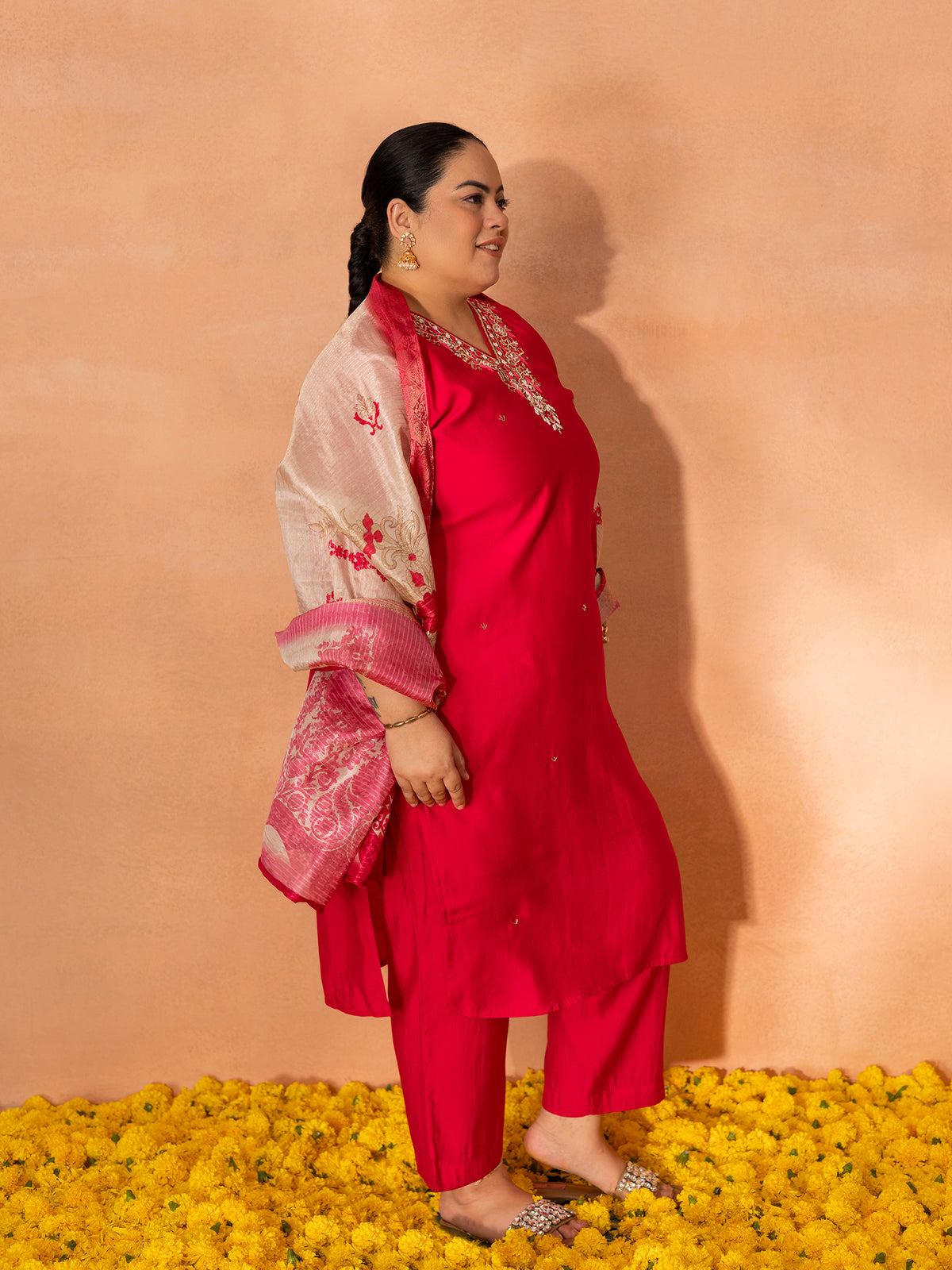 TITTLI Plus Size Women Handwork Embroidered V-Neck Roman Silk Kurta Set with Jacquard Digital Printed Dupatta (Red)