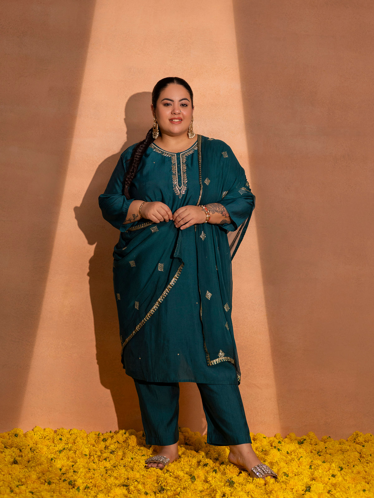 TITTLI Plus Size Women Handwork Embroidered U-Neck Roman Silk Kurta Set with Georgette Cutwork Dupatta(Rama)