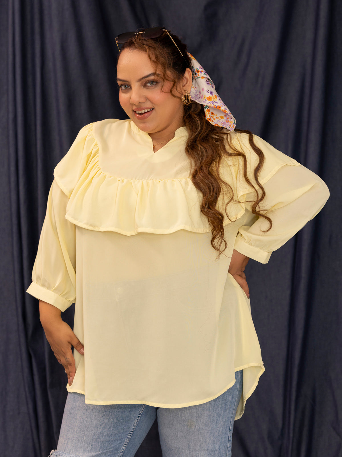 TITTLI Women Plus Size Georgette Solid Short Top (Lemon)