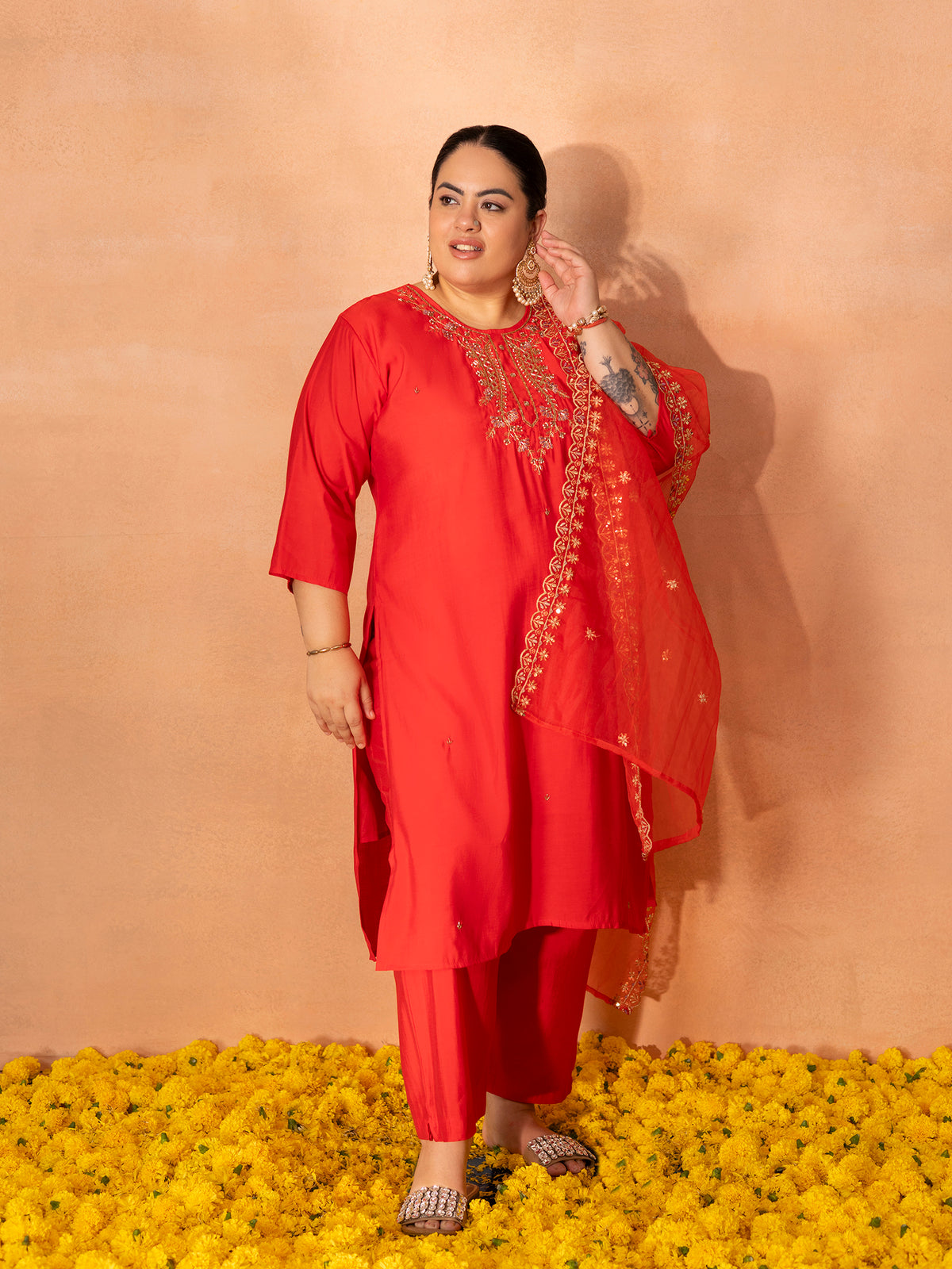 TITTLI Plus Size Women Handwork Embroidered U-Neck Roman Silk Kurta Set with Cut-Work Dupatta (Red)