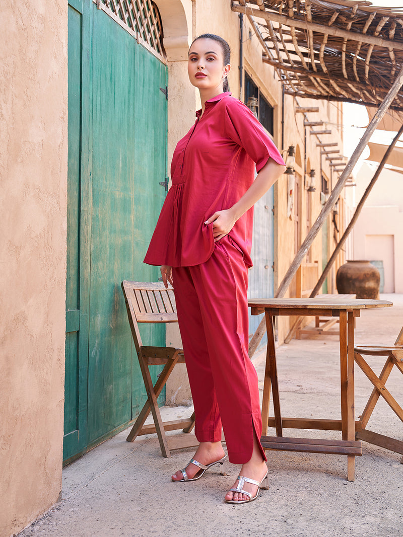 Carrot Orange Collared Tunic and Wide-Leg Palazzo Pants Set for Women