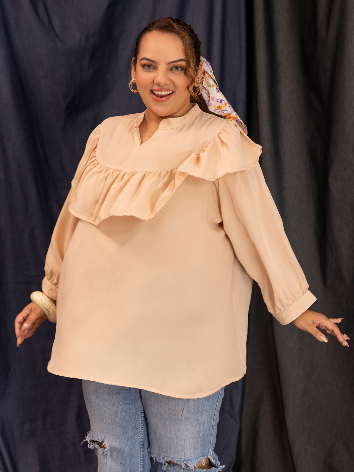 TITTLI Women Plus Size Georgette Solid Short Top (Skin)