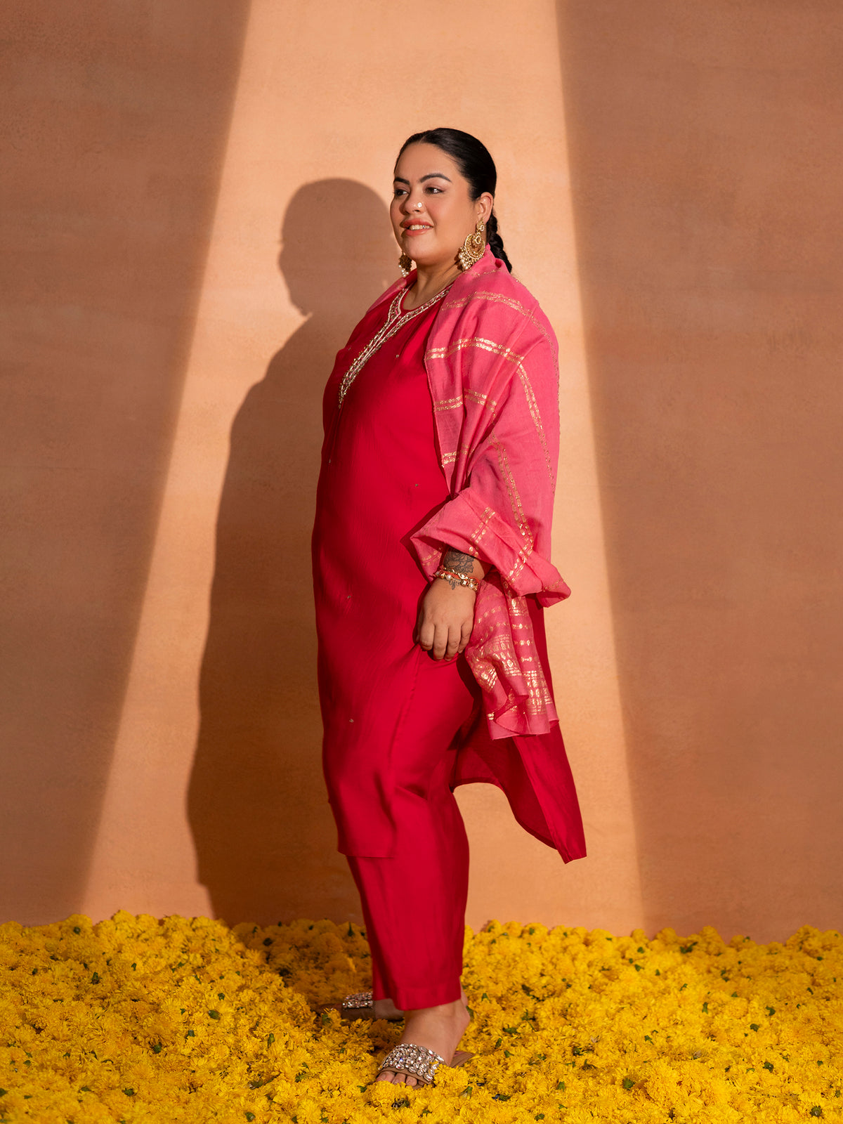TITTLI Plus Size Women Handwork Embroidered U-Neck Roman Silk Kurta Set with Jacquard Dupatta (Red)