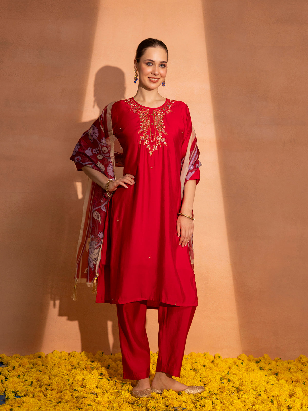 TITTLI Women Handwork Embroidered U-Neck Roman Silk Kurta Set with Georgette Cutwork Dupatta (C.Red)