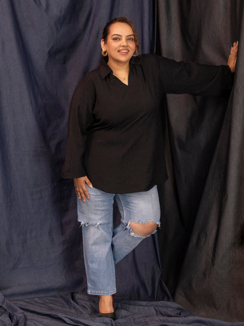 TITTLI Women Plus Size V-Neck Collar Short Kurti with Flared Fit & Full Sleeves (Black)