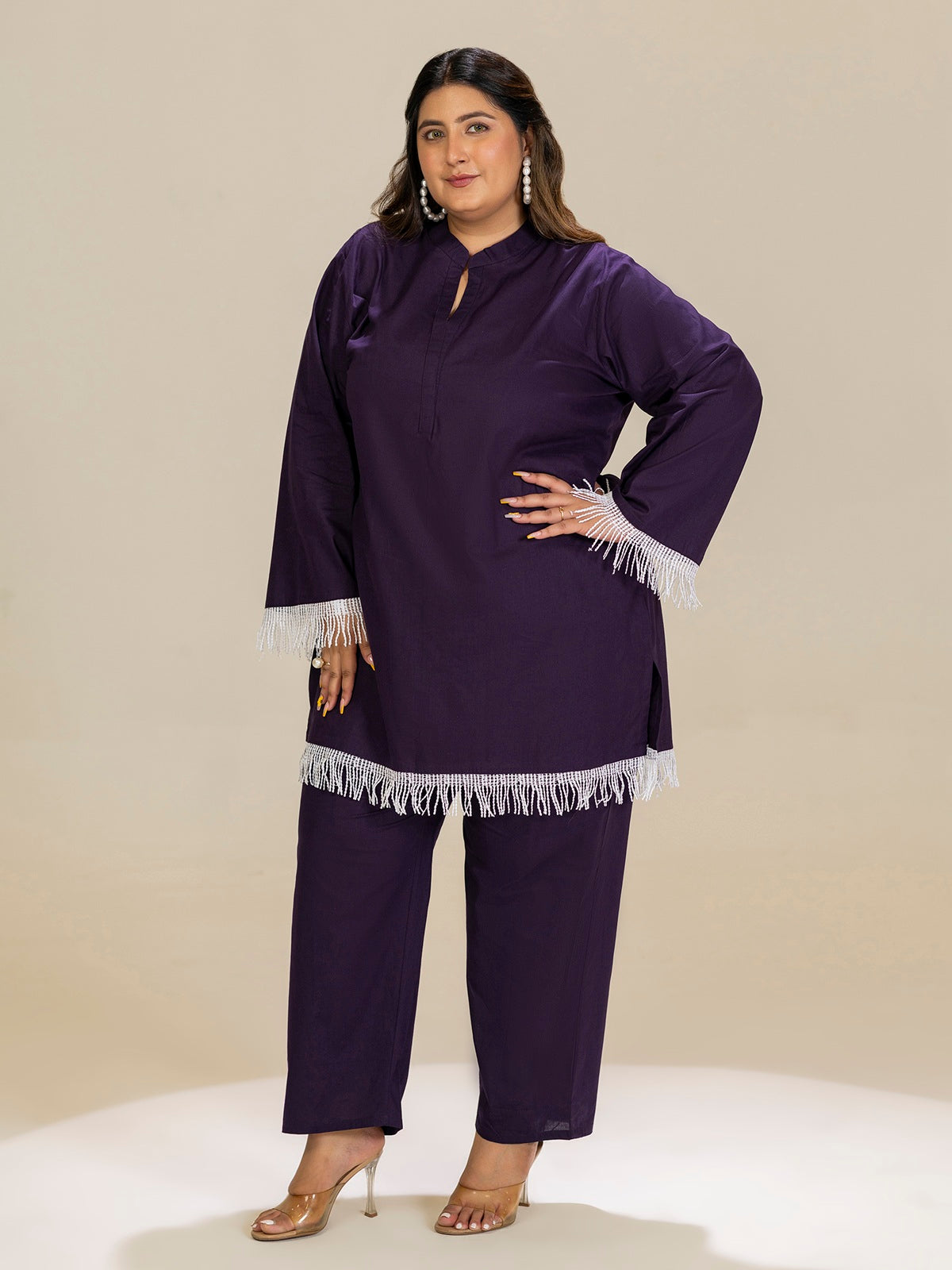 TITTLI Plus Size Violet Colour Pure Cotton Mandarin Collared V-Neck Lace Detailing Tunic & Trouser Co-Ord Set