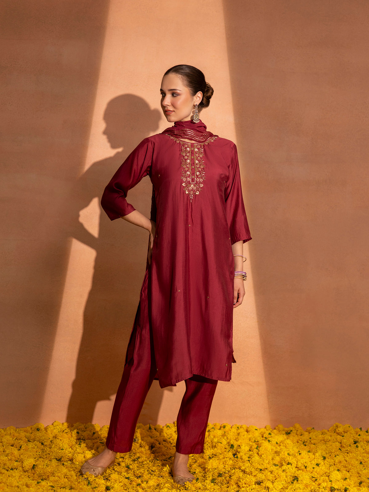 TITTLI Plus Size Women Handwork Embroidered U-Neck Roman Silk Kurta Set with Rayon Sequin Work Dupatta (Red)