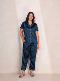 TITTLI Women Shining Satin Stretch Fabric Shirt Collar And Pajama Night Suit Airforce