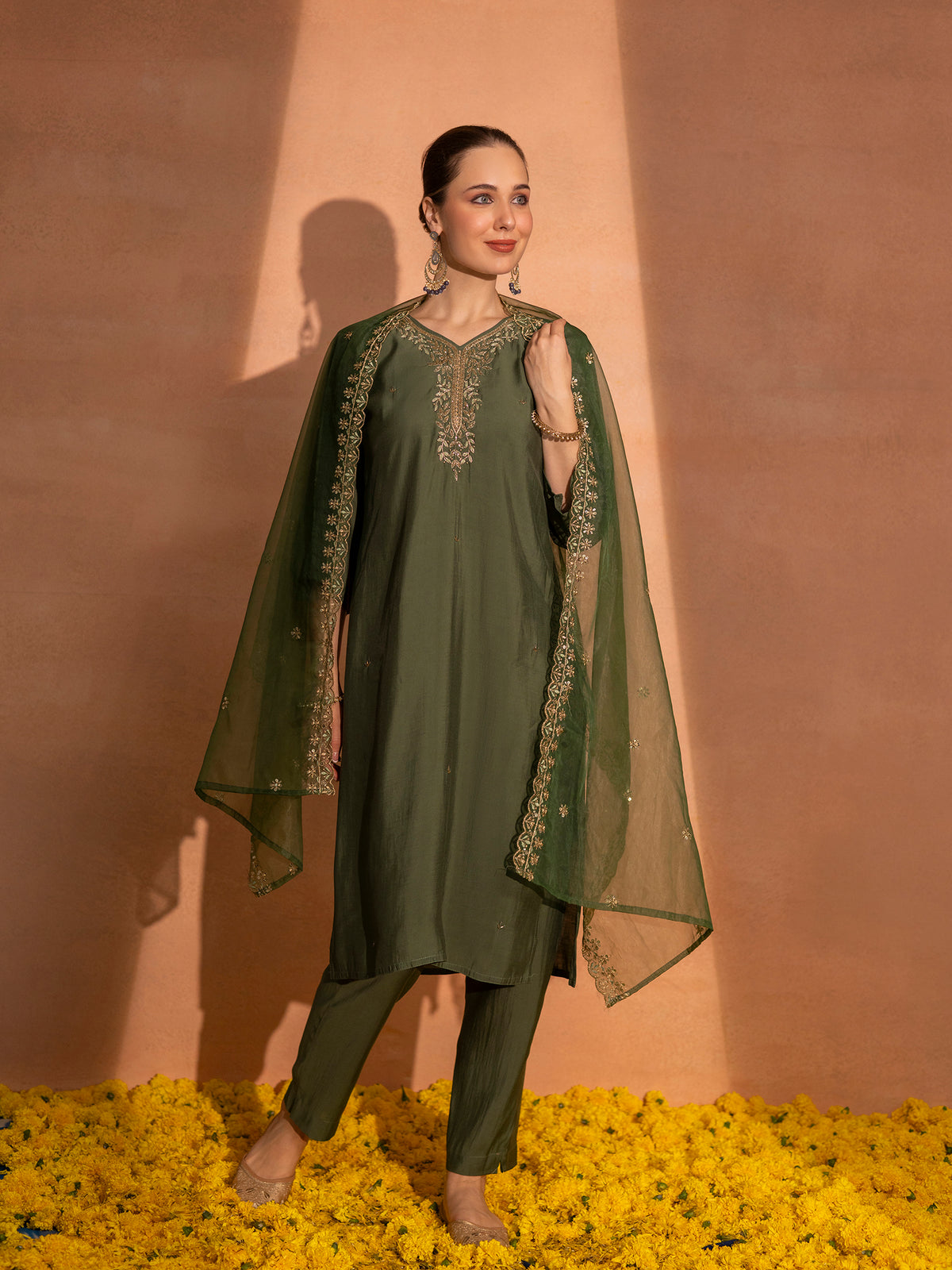 TITTLI Women Handwork Embroidered V-Neck Roman Silk Kurta Set with Georgette Cutwork Dupatta (Olive)