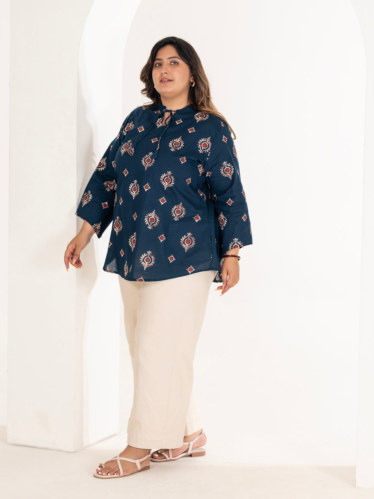TITTLI Women Plus Size Ethnic Motif Printed Short Kurti with Mandarin Collar Keyhole Tie-Up & Three Quarter Sleeves(Airforce)