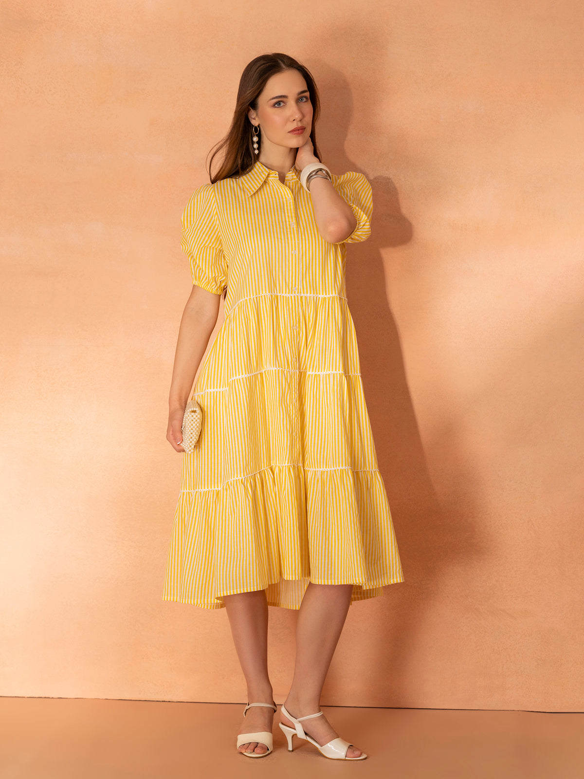 TITTLI Women's Cotton Striped Shirt-Style Tiered Lace Detailing Knee Length Dress with Puff Sleeves & Button Front Closure (White & Yellow)