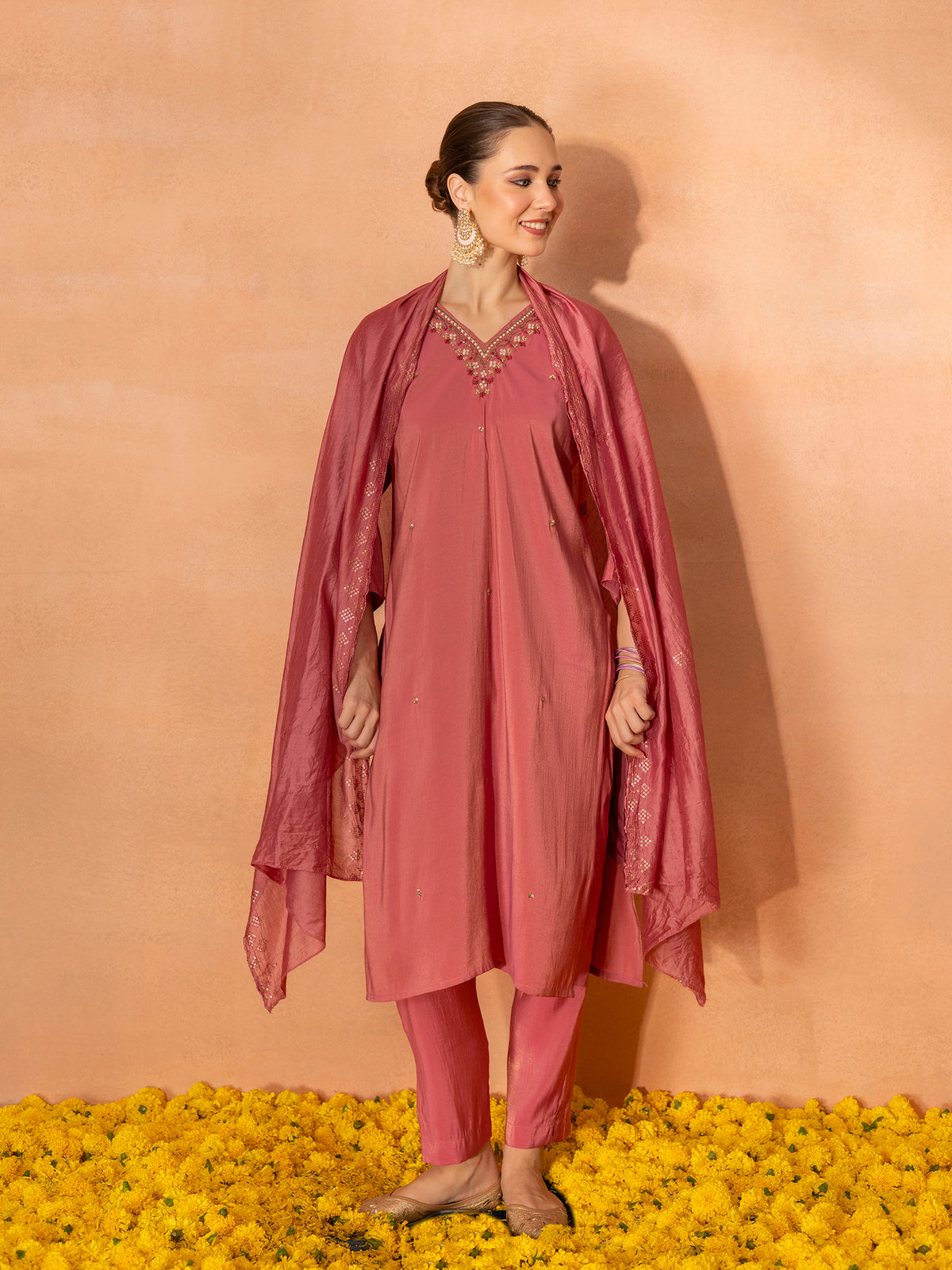 TITTLI Women Handwork Embroidered V-Neck Roman Shimmer Silk Kurta Set with Rayon Dupatta(Pink)