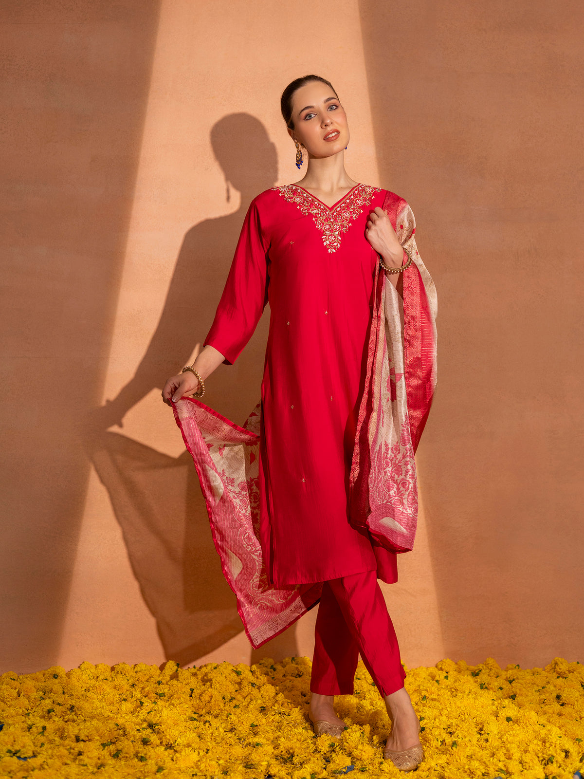 TITTLI Women Handwork Embroidered V-Neck Roman Silk Kurta Set with Jacquard Digital Printed Dupatta (Red)