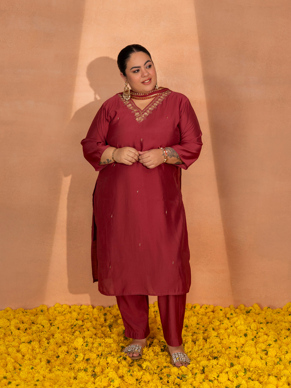 TITTLI Plus Size Women Handwork Embroidered V-Neck Roman Silk Kurta Set with Georgette Cutwork Dupatta (C. Red)