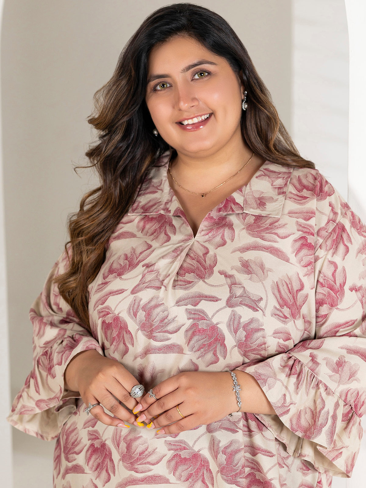 TITTLI Women Plus Size Floral Printed Short Kurti with V-Neck Collar & Three Quarter Bell Sleeves(Rani & Cream)