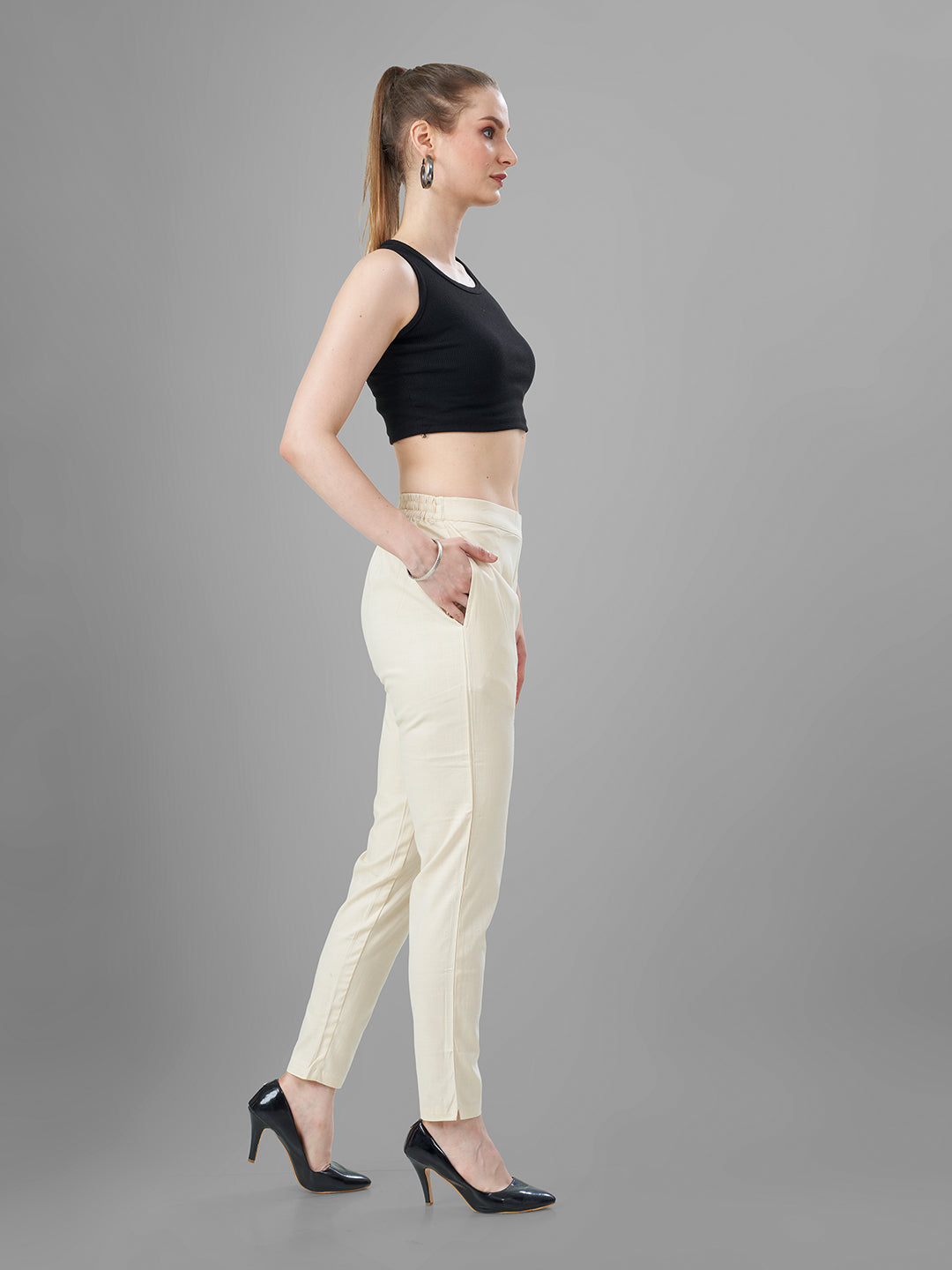 Buy Casual Pants for Women in Cream online | Tittli