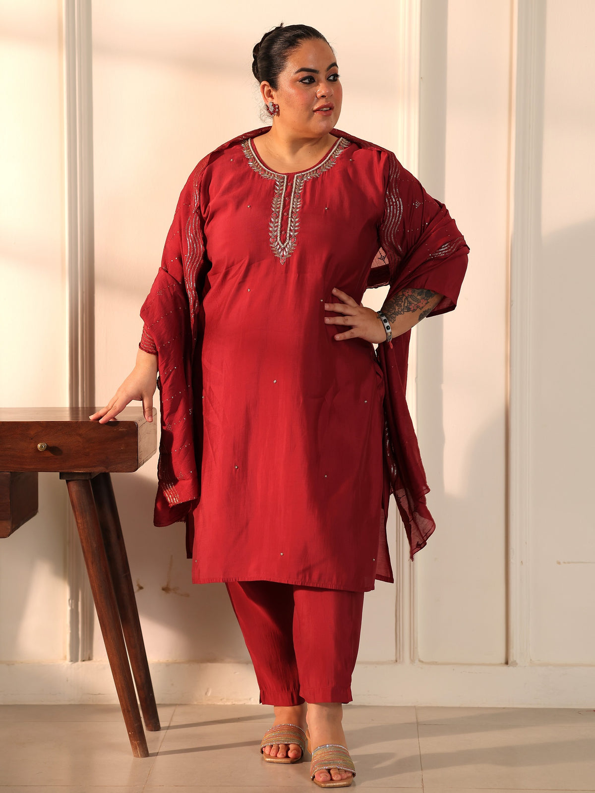TITTLI Plus Size Women Handwork Embroidered U-Neck Roman Silk Kurta Set with Rayon Sequin Work Dupatta (Gajjar)