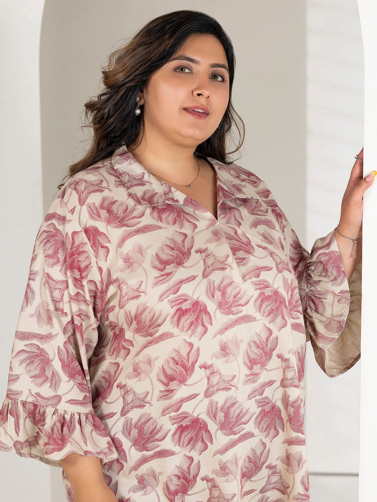 TITTLI Women Plus Size Floral Printed Short Kurti with V-Neck Collar & Three Quarter Bell Sleeves(Rani & Cream)