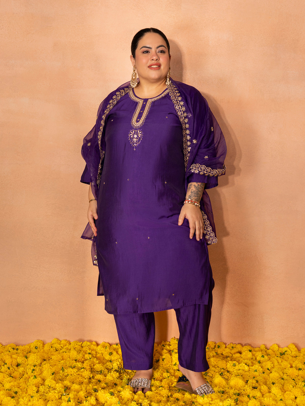 TITTLI Plus Size Women Handwork Embroidered U-Neck Roman Silk Kurta Set with Georgette Cutwork Dupatta(Violet)