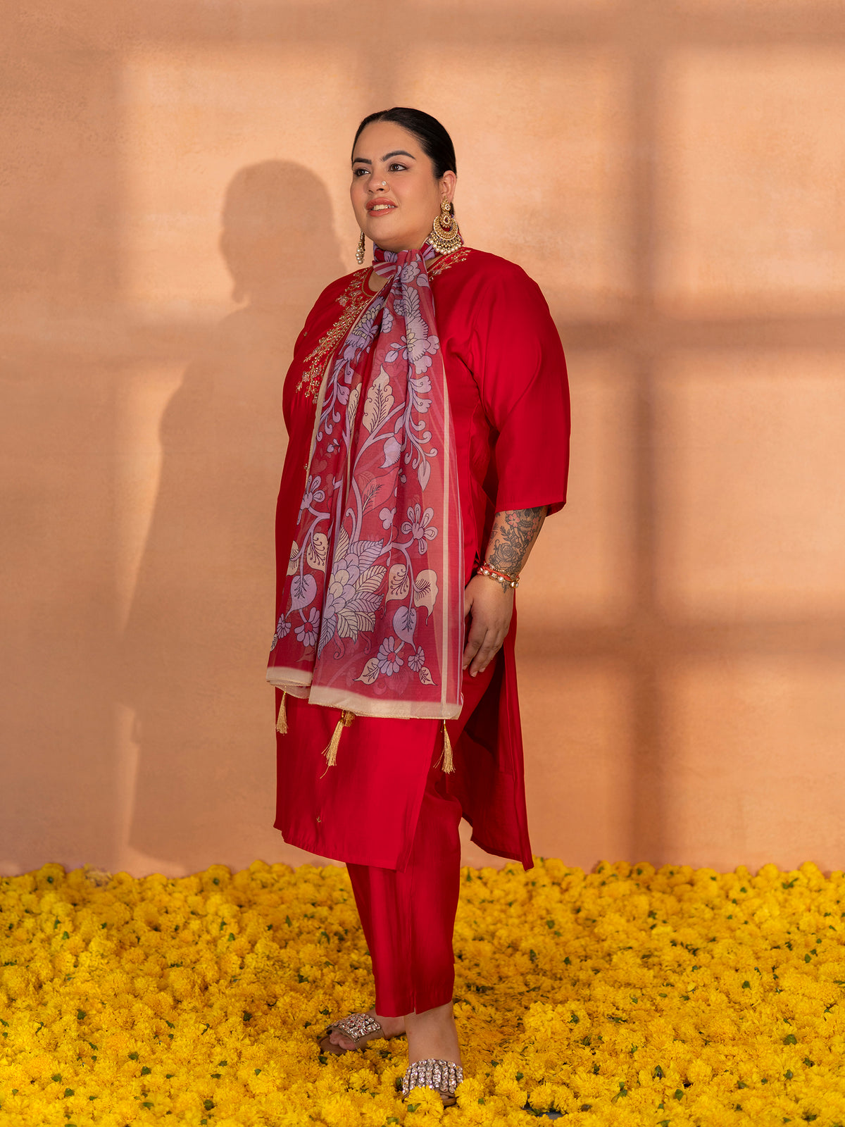 TITTLI Plus Size Women Handwork Embroidered U-Neck Roman Silk Kurta Set with Georgette Digital Print Dupatta(Cherry Red)