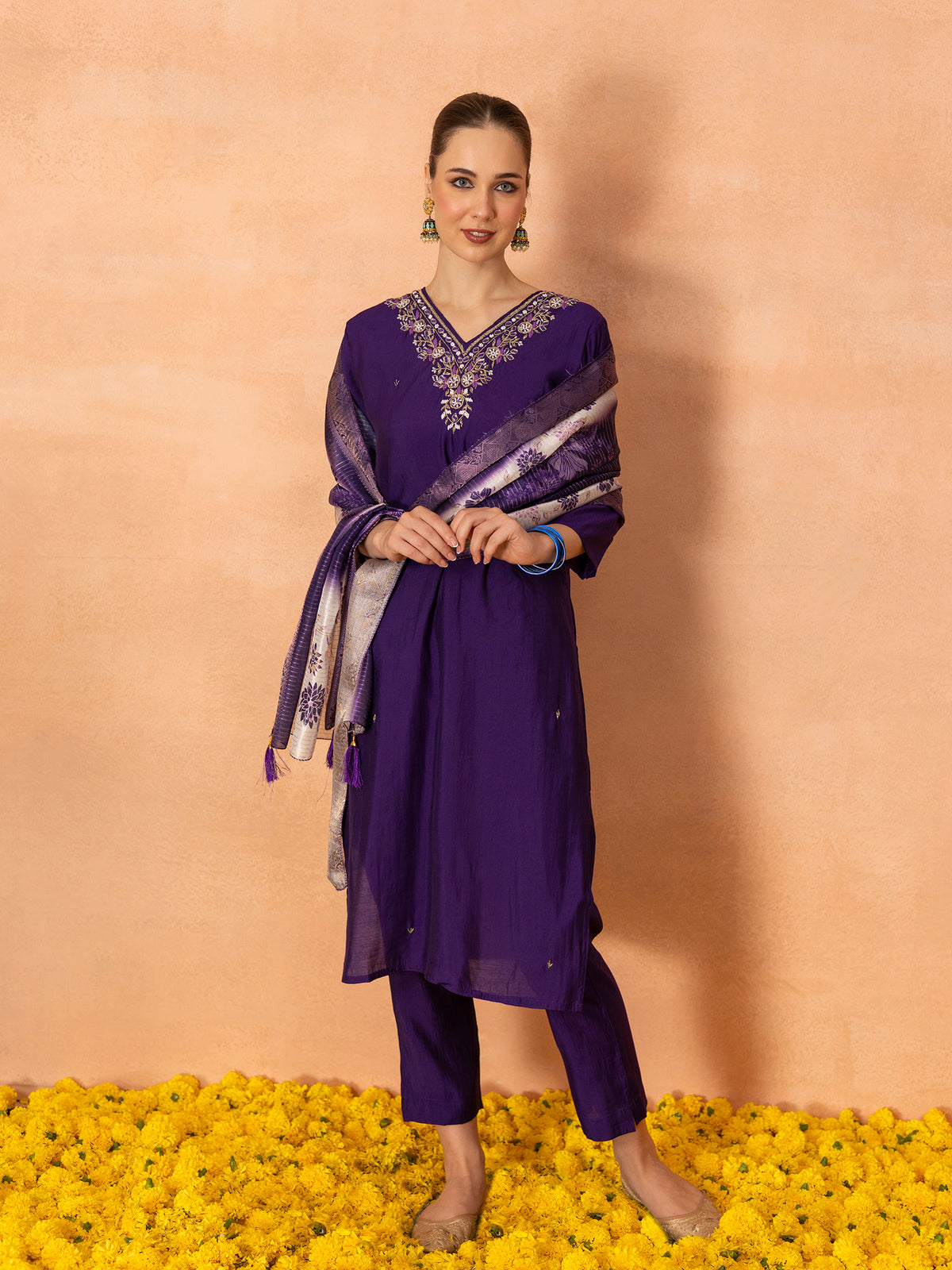TITTLI Women Handwork Embroidered V-Neck Roman Silk Kurta Set with Jacquard Digital Printed Dupatta (Violet)