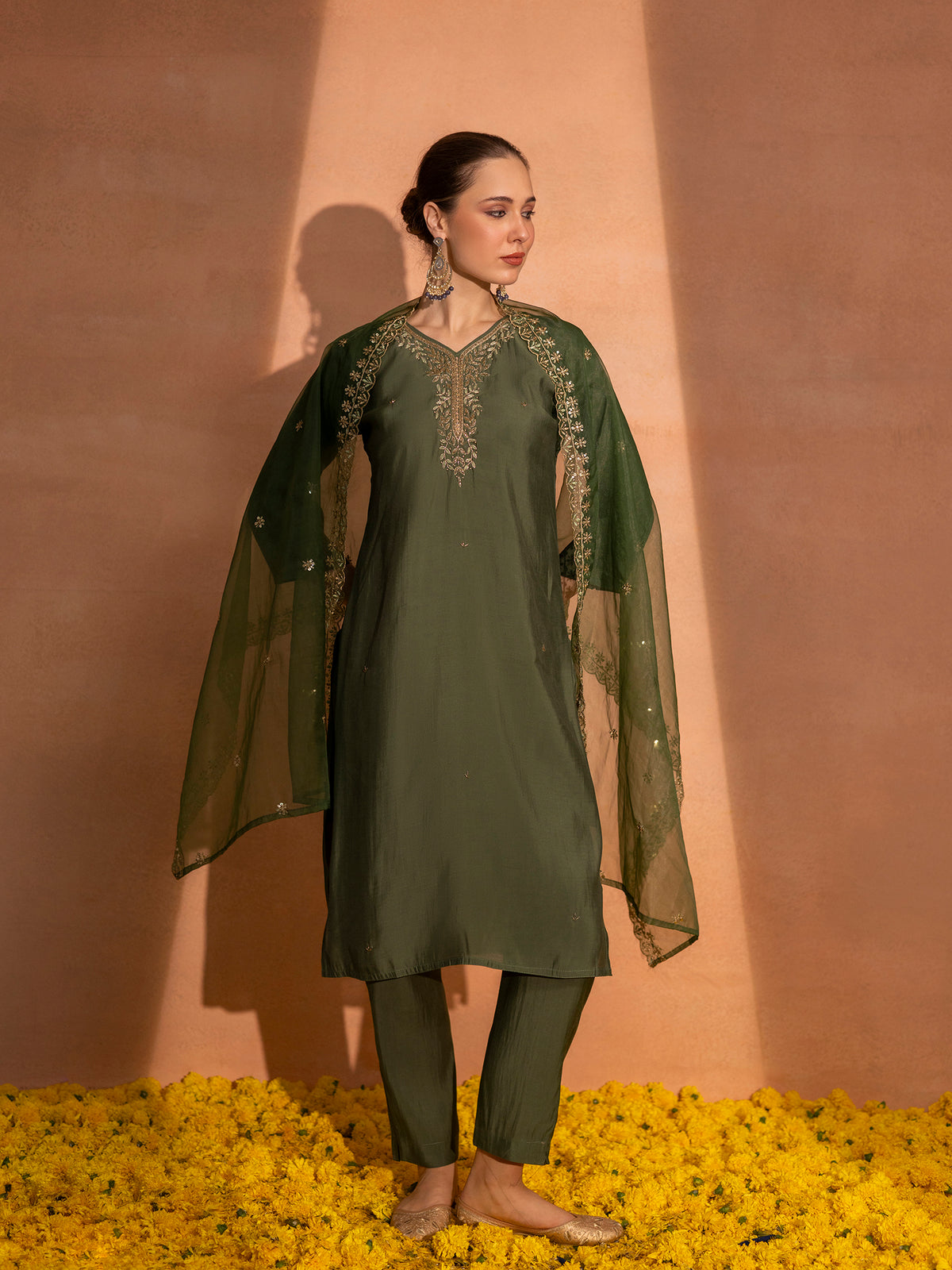 TITTLI Women Handwork Embroidered V-Neck Roman Silk Kurta Set with Georgette Cutwork Dupatta (Olive)