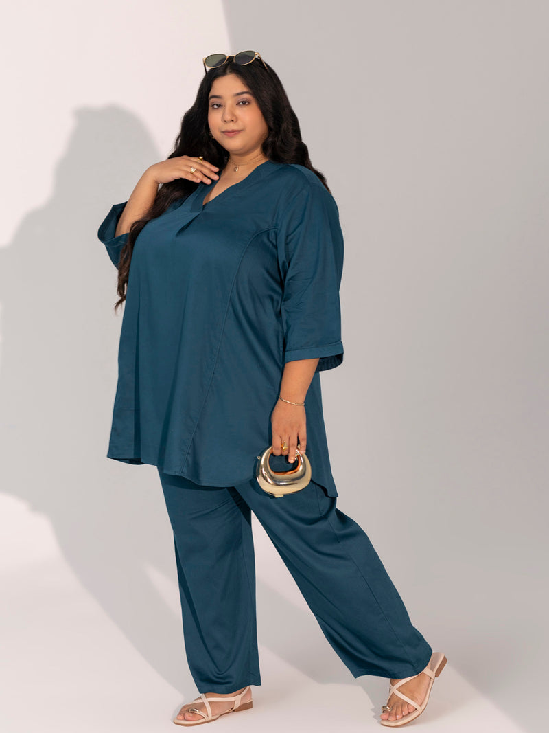 TITTLI Women Cotton Silk V-Neck Tunic & Trousers Plus Size Co-Ord Set (Airforce)