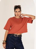 TITTLI Pure Cotton Brick Rust Round Neck T-Shirt For Womens
