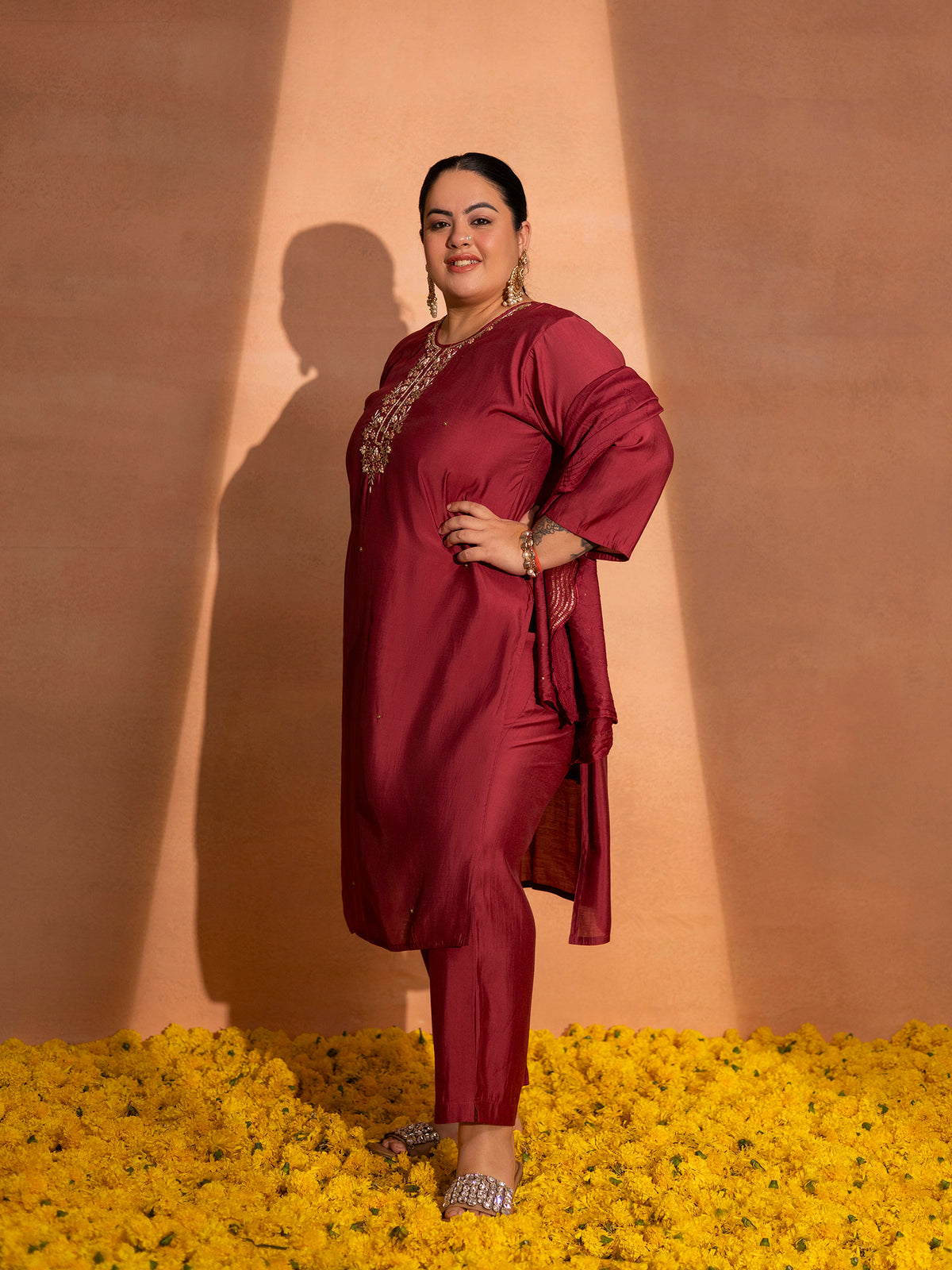 TITTLI Women Handwork Embroidered U-Neck Roman Silk Kurta Set with Rayon Sequin Work Dupatta(Red)