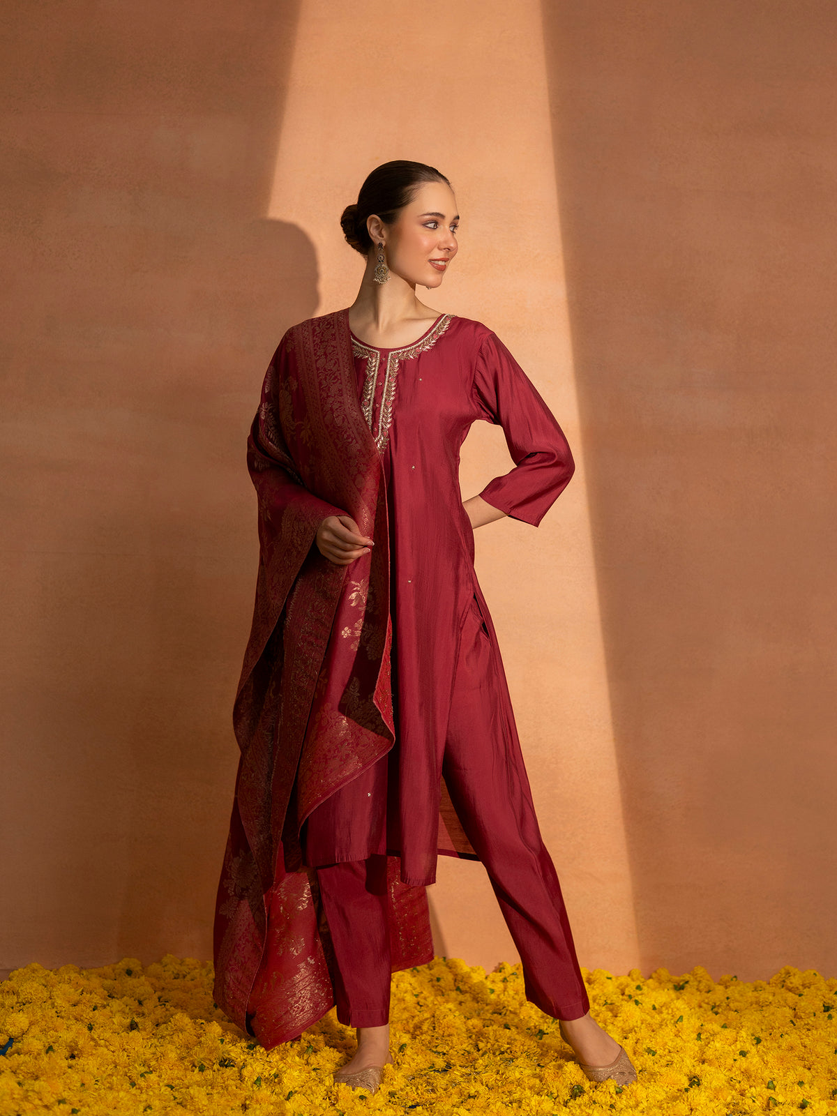 TITTLI Women Handwork Embroidered U-Neck Roman Silk Kurta Set with Rayon Sequin Work Dupatta(Gajjar)