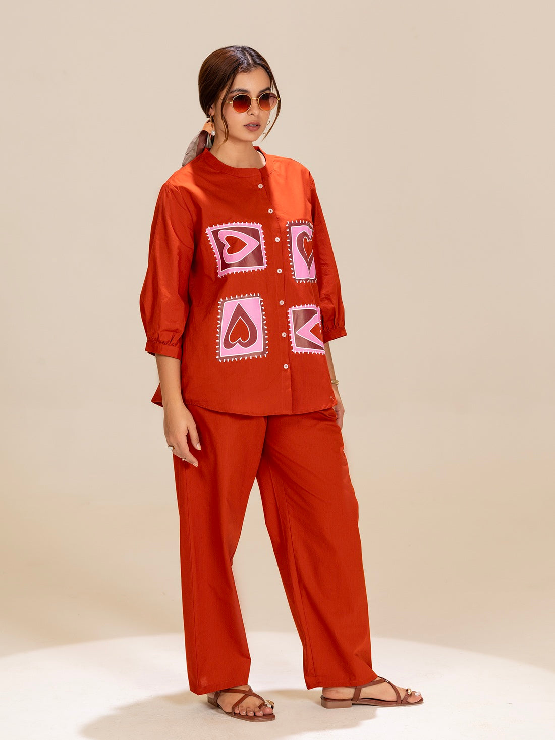 TITTLI Orange Colour Printed Relaxed Fit Pure Cotton Shirt And Trouser Co-Ord Set For Womens
