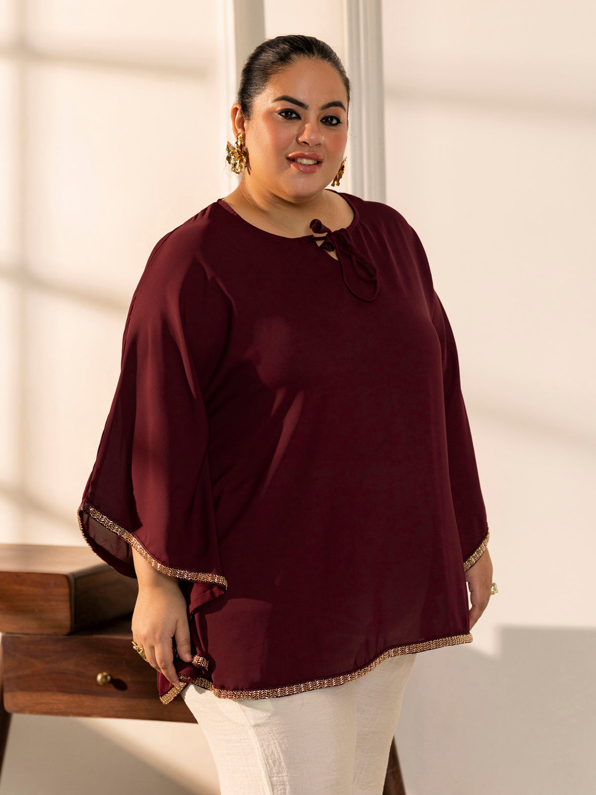TITTLI Women Plus Size Georgette Solid Kaftan Style Short Top(D.Wine)