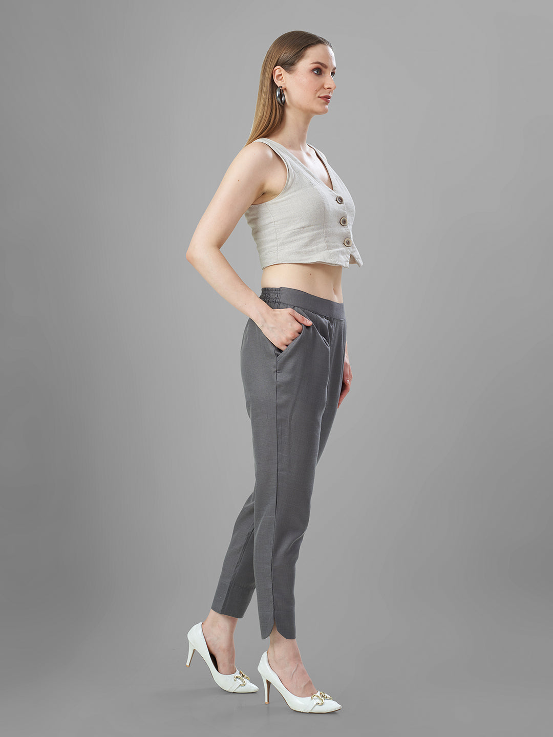 Trendy Silk Cigarette Pants for Ladies in Steel Grey | Tittli