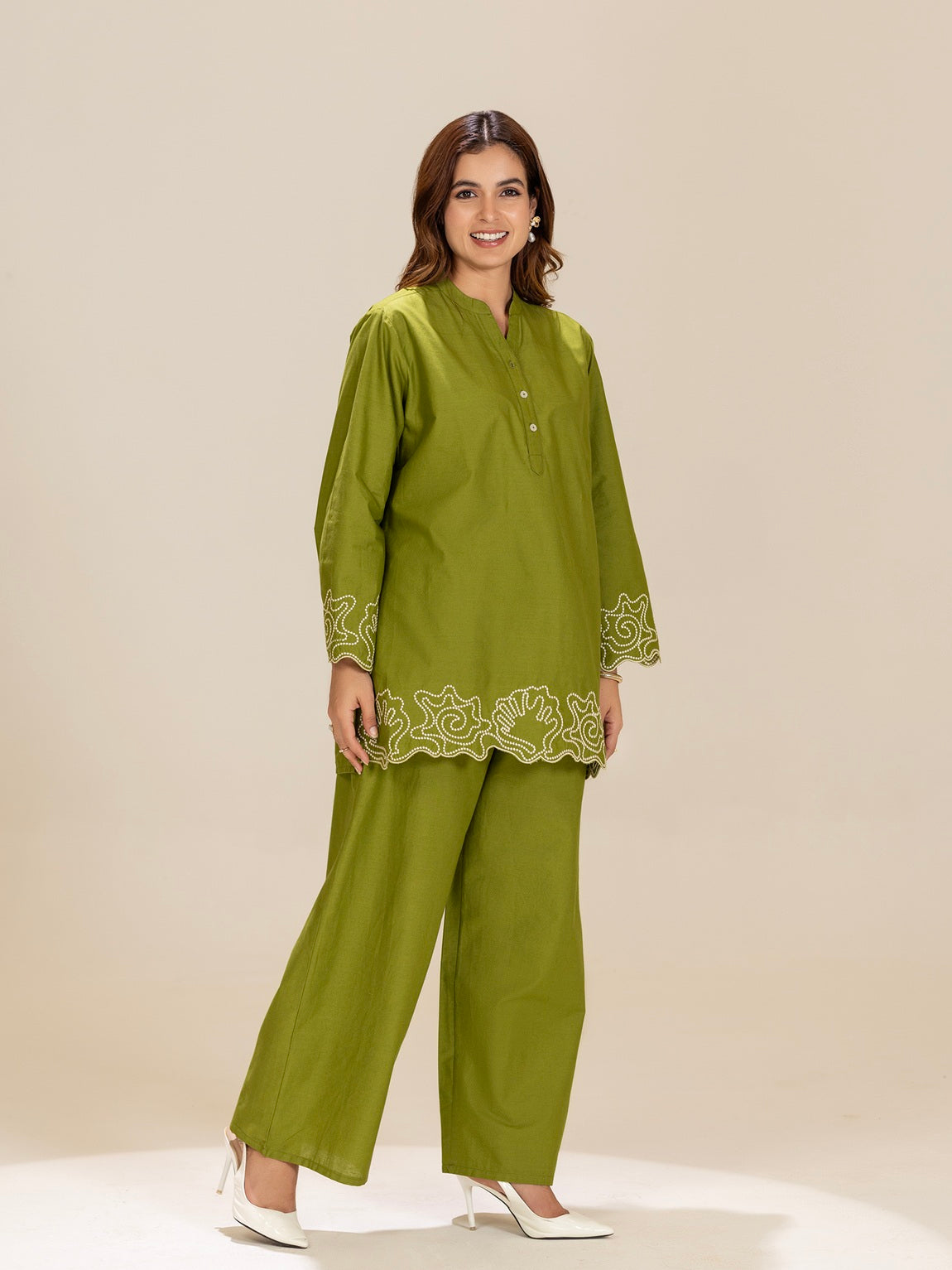 TITTLI Mehndi Green Colour Embroidered Tunic & Trouser Co-Ord Set For Women