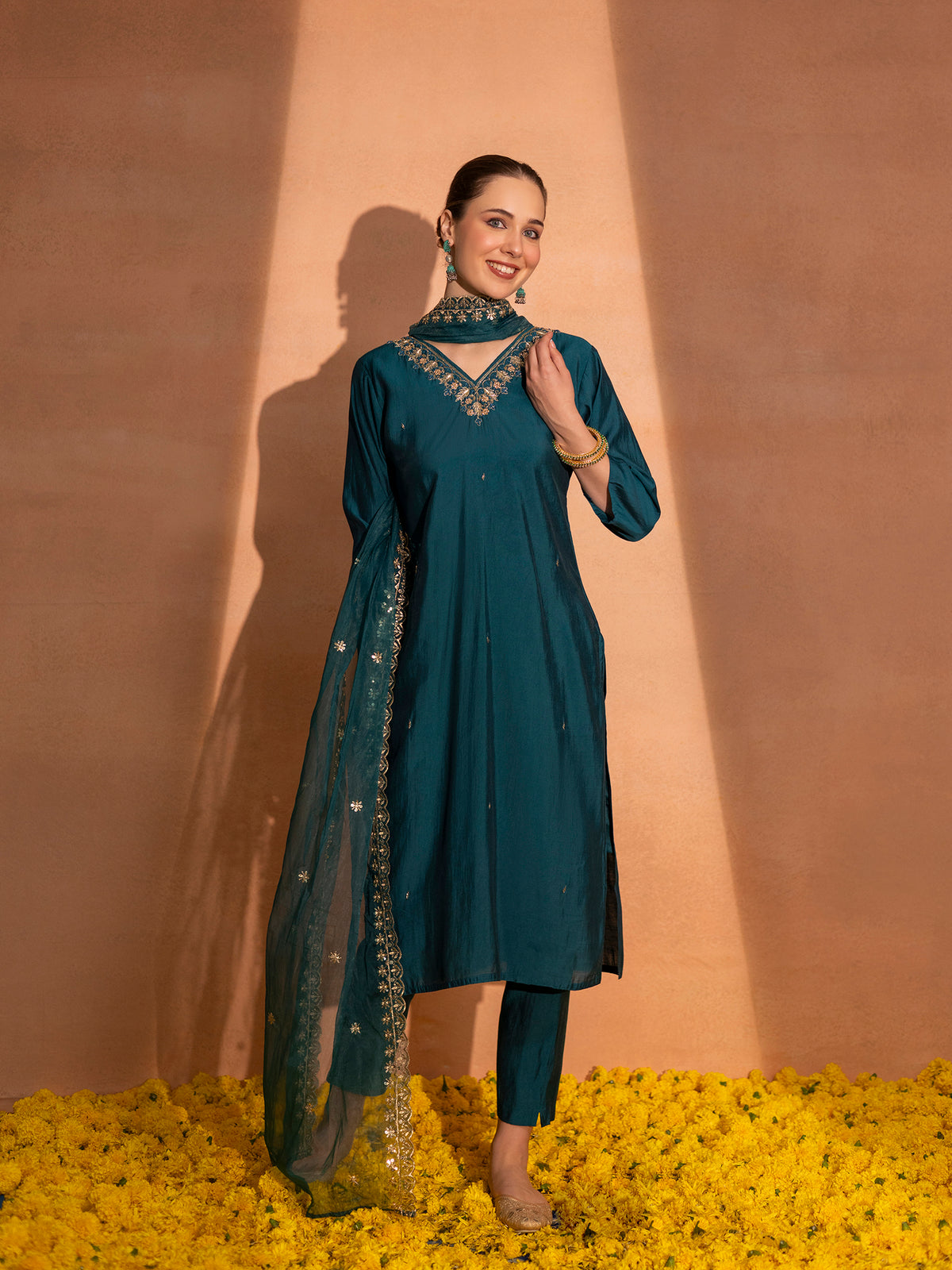 TITTLI Women Handwork Embroidered V-Neck Roman Silk Kurta Set with Georgette Cutwork Dupatta (Rama)