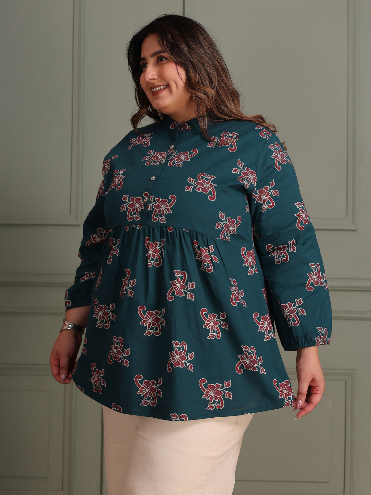 TITTLI Women Plus Size All-Over Printed Puff Sleeves Mandarin Collar Pure Cotton Frailed Kurti (Airforce)